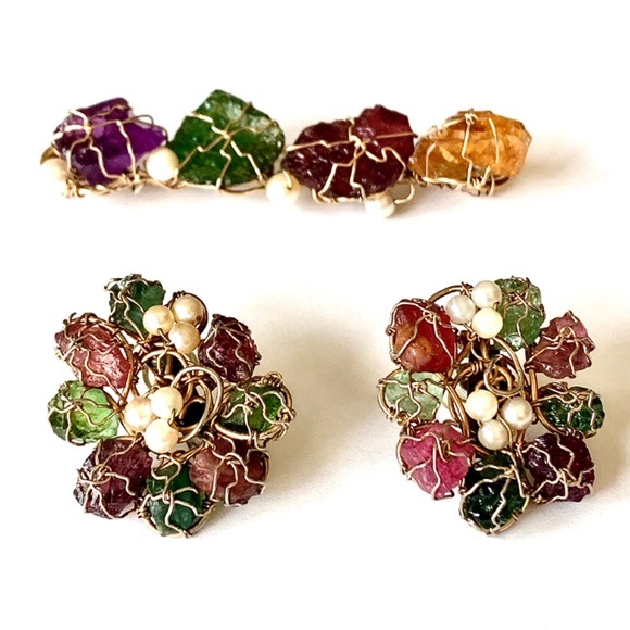 B.A.Ballou Natural Stones Earrings and Brooch Set Vntg Rare Find - Picture 6 of 8